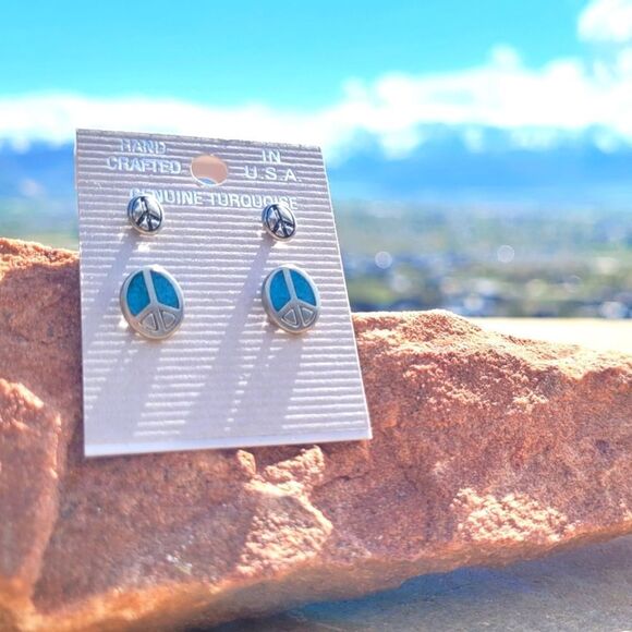 Genuine Turquoise Inlay Set of Peace Earrings - Picture 3 of 3